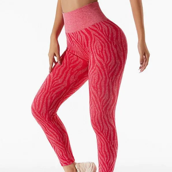 Camo Seamless Zebra Print High Waist Leggings-Carmine Red