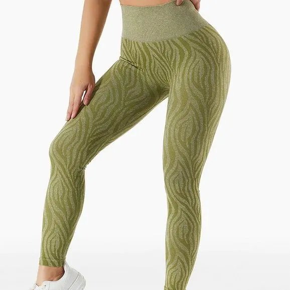 Camo Seamless Zebra Print High Waist Leggings-Herb Green