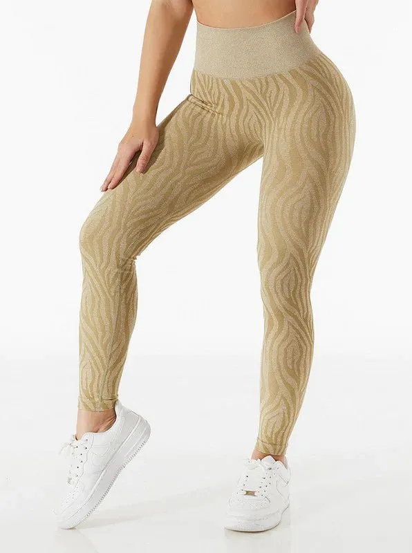 Camo Seamless Zebra Print High Waist Leggings-Light Khaki