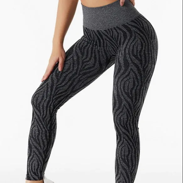 Camo Seamless Zebra Print High Waist Leggings-Obsidian Black