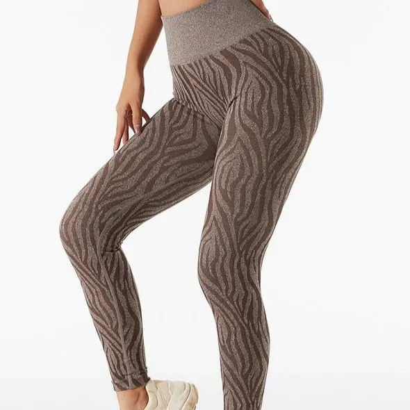 Camo Seamless Zebra Print High Waist Leggings-Silky Mist Brown