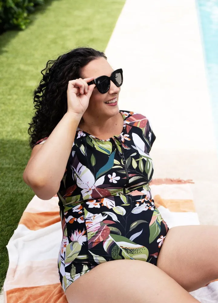Chlorine Resistant Short Sleeve Swimsuit - Vacation leaf