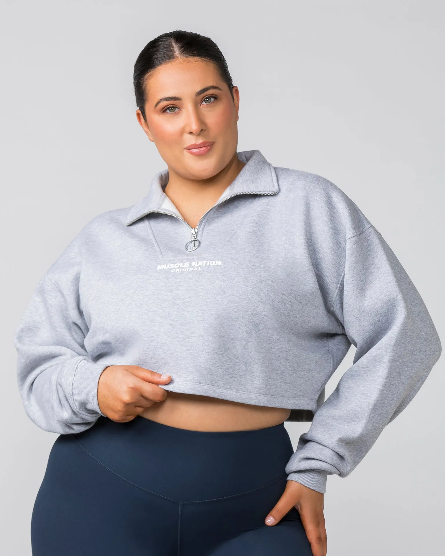 Cropped Quarter Zip - Light Grey Marl