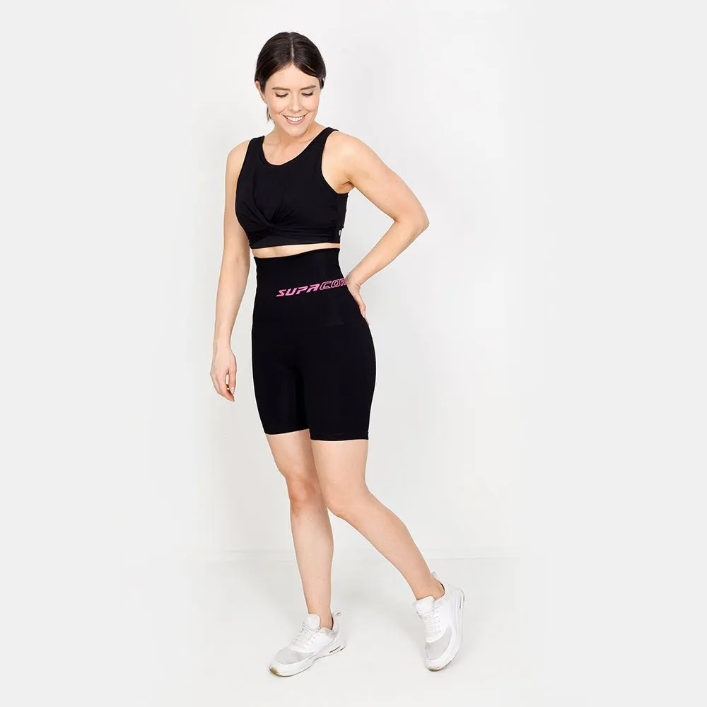 Patented Nina Women's CORETECH? Postpartum extra high waist Compression Shorts (Black with Pink Logo)