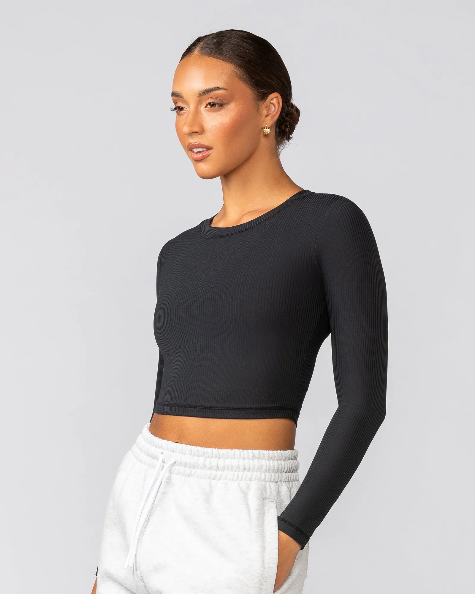 Sculpted Rib Long Sleeve Top - Black