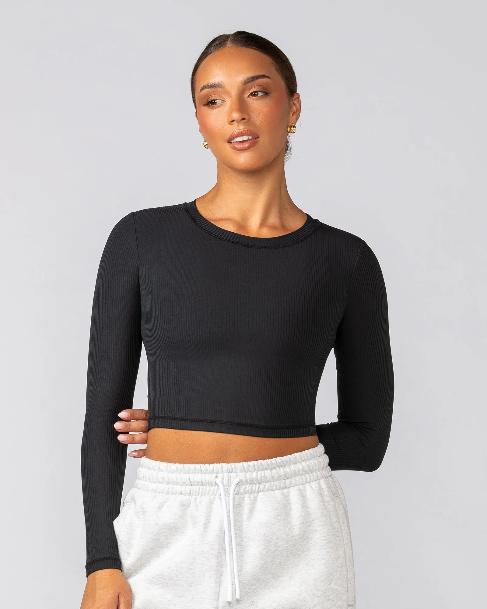 Sculpted Rib Long Sleeve Top - Black
