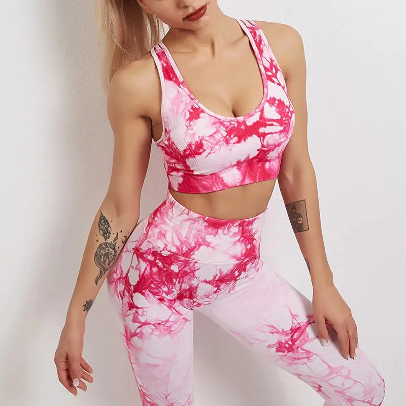 Serenity Tie Dye Womens Yoga Legging And Matching Crop Top-Pink