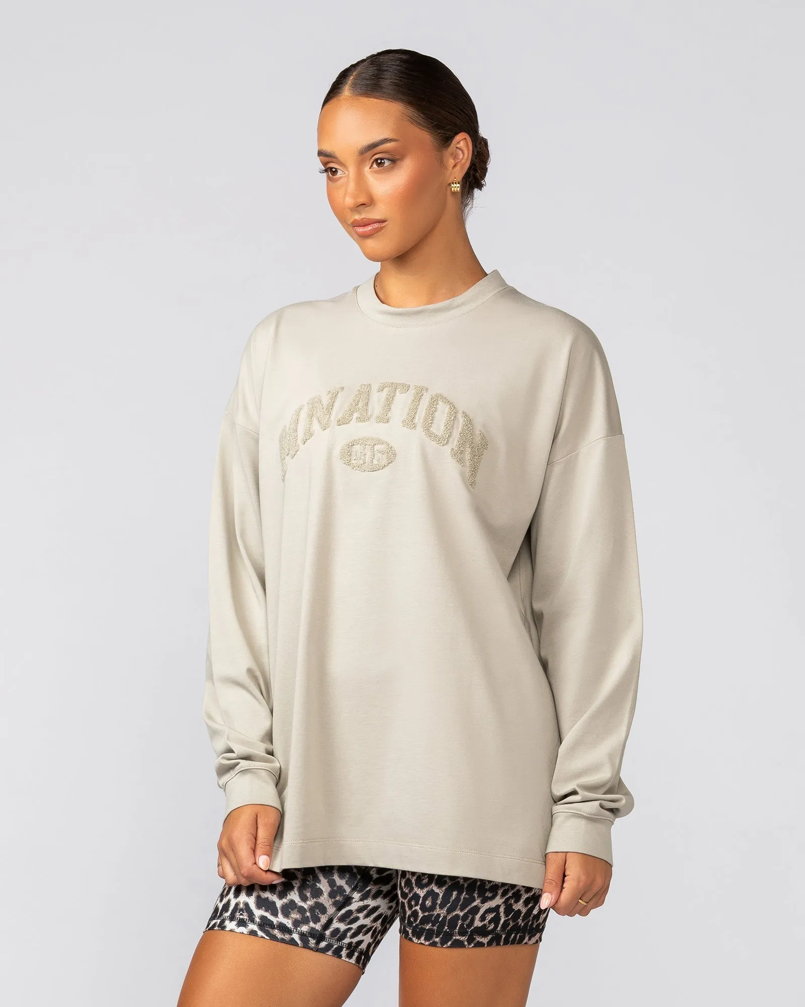Stats Oversized Long Sleeve Tee - Stone