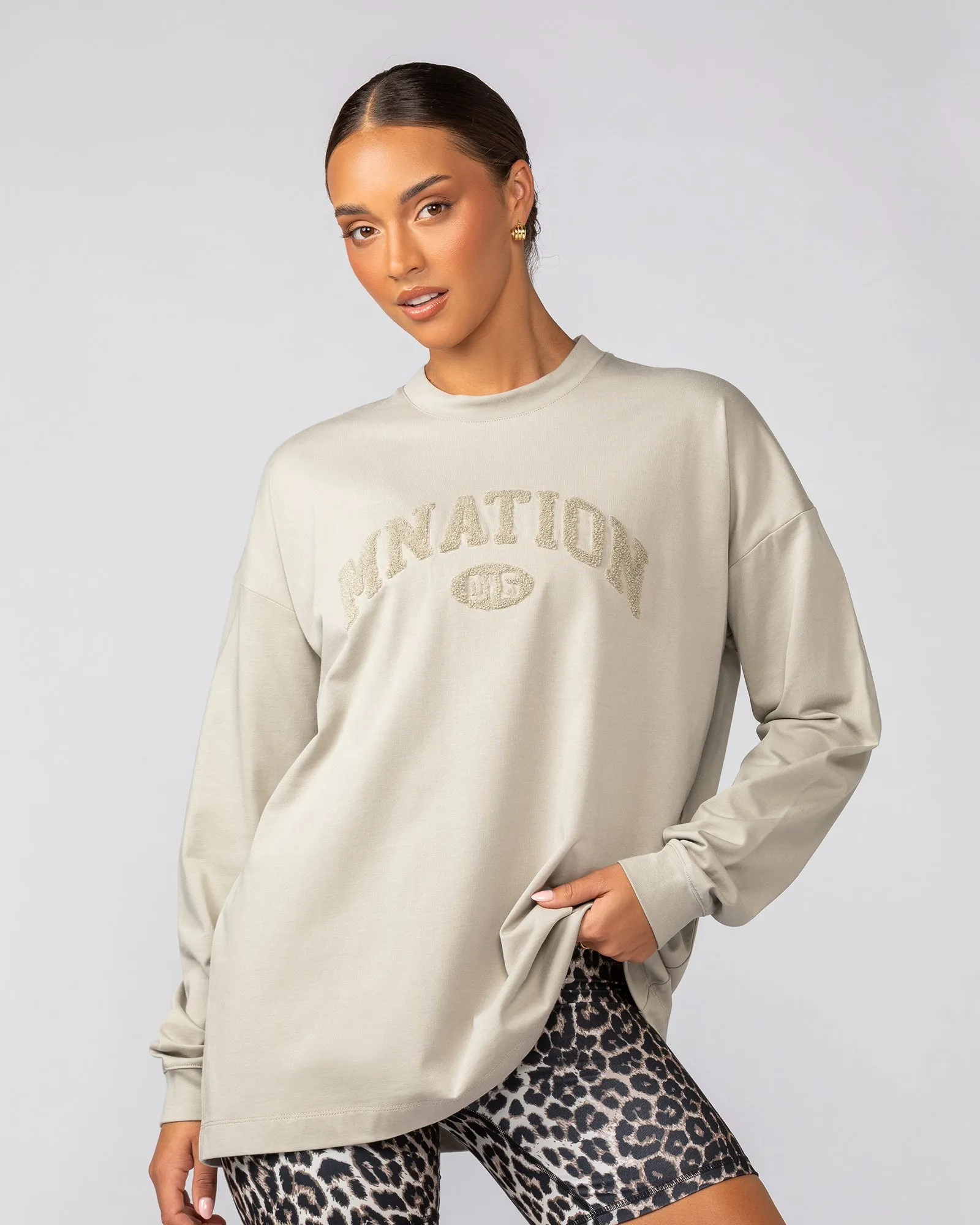 Stats Oversized Long Sleeve Tee - Stone