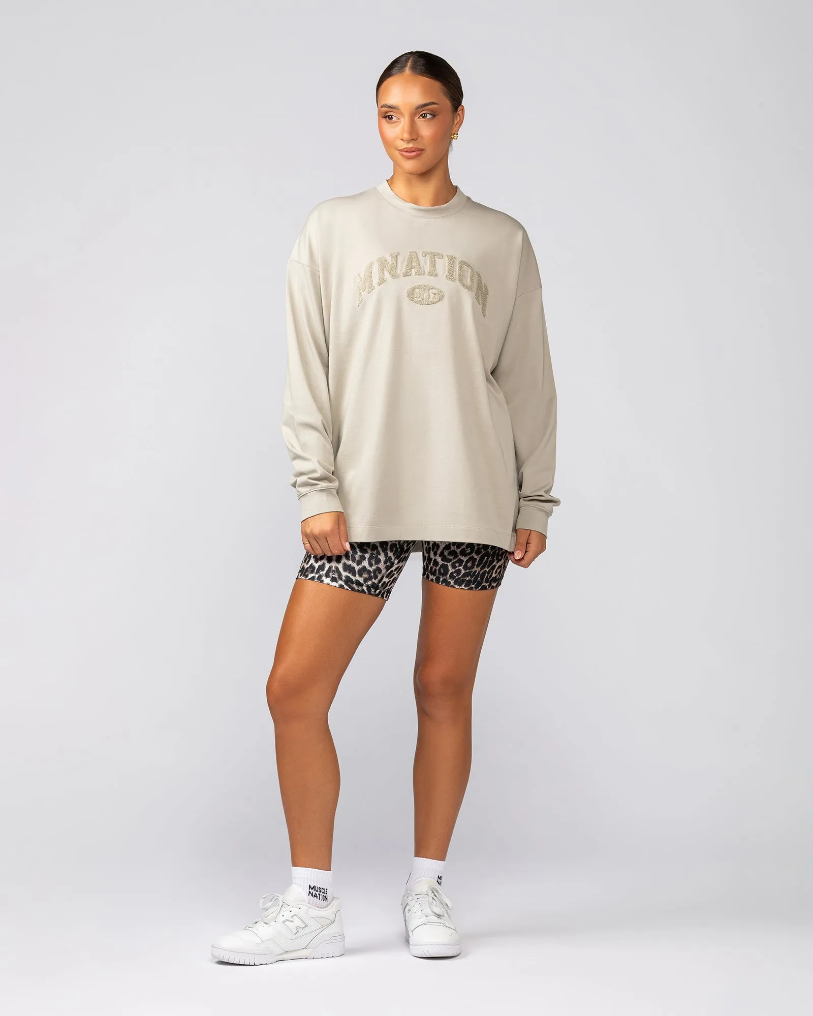 Stats Oversized Long Sleeve Tee - Stone